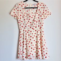 So Fun And Flirty! Hazel Is A Brand Sold At Anthro. This Dress Is Nwot Never Worn. Size Small And Zips Up The Back. Super Flattering Fit And And Flare Look For Any Shape. Length 31 Inches Waist 13.5 Vintage White Mini Dress With Square Neck, White Vintage Mini Dress With Square Neck, Vintage Cherry Print Dresses For Spring, Spring Fitted Cherry Print Dress, Fitted Cherry Print Spring Dress, Fitted Cherry Print Dress For Spring, White Retro Mini Dress For Summer, Cute Fitted Cherry Print Dress, Retro White Mini Dress For Summer