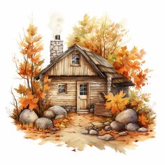 Fall House Drawing, Watercolor House Painting, Fall Cottage, Fall Drawings, Autumn Illustration, House Illustration, Fall Watercolor, Artwork For Home