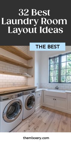 Modern laundry room with front-loading washer and dryer under a white countertop, with subway tiled backsplash and a large window above. Ideal Laundry Room Layout, Rectangular Laundry Room Ideas, Rectangular Laundry Room Layout, Laundry Room Designs Ideas, Adding A Laundry Room To House, Designing A Laundry Room, Large Laundry Room Design Layout, Awesome Laundry Rooms, Laundry Room Floor Plans Layout