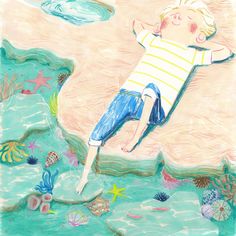 a drawing of a young boy floating in the water with his arms out and feet up