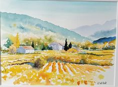 a watercolor painting of a farm in the country side with trees and mountains behind it