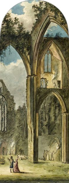 an old painting of people walking around in front of a building with arches and windows