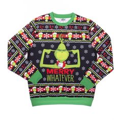 a green and black christmas sweater with the words merry whatever written in white on it