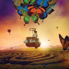 a painting of a person in a basket flying through the air with butterflies on it