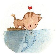 a drawing of a cat on top of a fish with a heart in the background