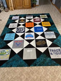 a rug with many different types of stickers on it