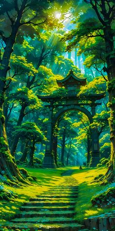 a painting of a forest with stairs leading up to a pagoda in the middle of it