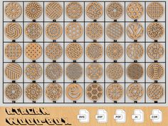 an image of wooden cutouts with different patterns and shapes on them, all in various sizes