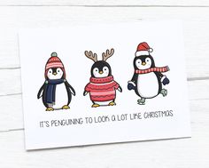 three penguins wearing sweaters and hats with the words it's penguining to look at life christmas