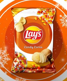 a bag of lays candy corns on an orange and white background