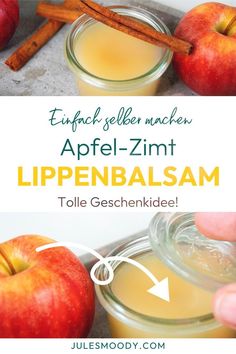 an apple - zimt lippenbalsam with cinnamon sticks and apples in the background