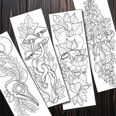 four bookmarks with flowers and leaves on them, one has an animal in the middle