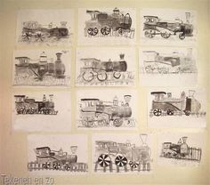 nine drawings of trains are displayed on the wall