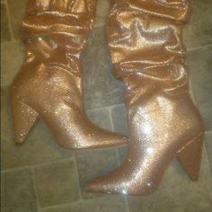 Gold Rhinestone Boots Brand New Size 6 1/2 Gold Boots For Party Season, Gold Party Boots For Party Season, Glamorous Fitted Boots With Rhinestones, Fitted Rhinestone Boots For Party Season, Fitted Boots With Rhinestones For Party, Glamorous Gold Heeled Boots For Fall, Fall Heeled Boots With Rhinestones For Night Out, Glamorous Boots For Night Out In Fall, Party Boots With Rhinestones And Round Toe