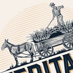 an image of a man driving a horse drawn wagon with corn on it and the word atlanta written in large letters