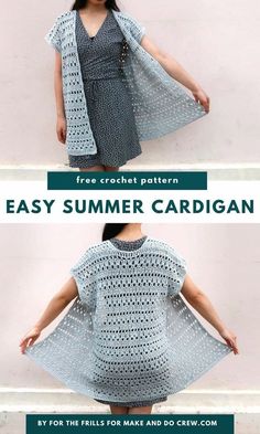 This summer crochet cardigan pattern uses cotton yarn and basic stitches for beginners to make the perfect top layer to pair with sundresses, tank tops, and even swimsuits. It is light and airy with easy mesh details, which makes it ideal for spring and summer outfits. The relaxed body and open design create a wonderfully versatile, cute crochet cardigan. Visit the blog to get the free crochet pattern today. Designed by For the Frills for Make and Do Crew. Crochet Summer Cardigan Pattern, Cute Crochet Cardigan, Summer Cardigan Pattern, Summer Crochet Cardigan, Crochet Summer Cardigan, Cardigan Sweater Pattern, Crochet Cardigan Free, Make And Do Crew, Basic Stitches