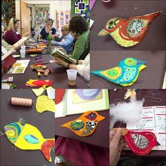 several pictures of children making crafts at a table with scissors and other things on the table