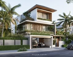 two cars are parked in front of a modern house with plants on the balconies