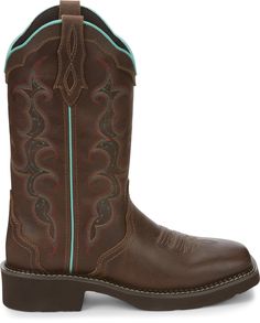 The perfect combination of class and sass, the 12" tall Raya Brown Justin Gypsy™ Women's cowboy boot is striking. Its distressed golden tan leather exterior features a vibrant and feminine stitch pattern on the upper with a teal seam on each quarter and around the collar giving this boot a vintage feel. It's built for comfort with a square toe and unit heel and the J-Flex Flexible Comfort System® insole with removable orthotic inserts add cushion and support in or out of the saddle. Details Mate Western Style Brown Waterproof Boots For Ranch, Western Style Waterproof Boots For Rodeo, Western Waterproof Boots With Snip Toe For Rodeo, Brown Snip Toe Waterproof Boots For Ranch, Western Style Brown Waterproof Boots With Snip Toe, Brown Snip Toe Western Waterproof Boots, Western Brown Waterproof Boots With Snip Toe, Western Brown Waterproof Boots With Reinforced Heel, Rustic Brown Work Boots For Rodeo