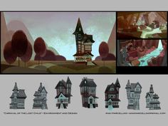 an animation storyboard showing the concept art for a castle