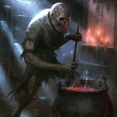 a creepy looking man stirring something in a pot on the stove with red flames coming out of it