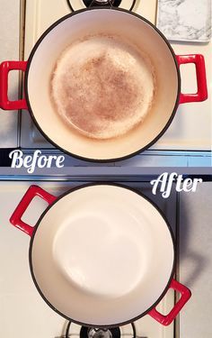 before and after pictures of cooking pots on the stove