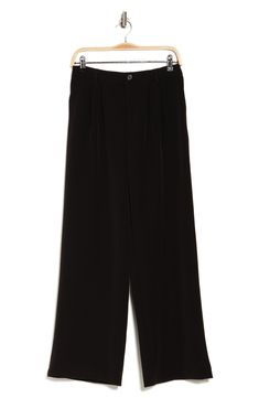 A wide leg furthers the chic appeal of these pants made from stretchy crepe fabric. 30" inseam; 12 1/2" rise (size Small)
 Zip fly with button closure 90% polyester, 10% elastane Machine wash, dry flat Imported Chic Wide Leg Pants With Button Closure, Full Length Rayon Bottoms For Work, Stretch Rayon Bottoms For Work, Elegant Solid Wide Leg Pants With Button Closure, Formal Wide Leg Bottoms With Button Closure, Formal Wide Leg Dress Pants With Button Closure, Formal Wide Leg Pants With Button Closure, Casual Wide Leg Evening Dress Pants, Solid Color Wide Leg Dress Pants With Button Closure