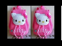 two pictures of hello kitty purses made from crocheted material, one with a cat on it