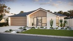 a house with a cactus in the front yard and grass on the ground next to it