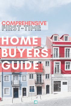 the front cover of a home buyer's guide, with red and blue houses in the background