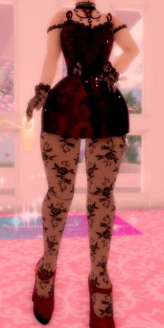 a woman in tights and high heels standing on a pink floor with her hands behind her back