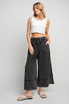 Discover ultimate comfort with our Comfy Wide Lounge Pants. These mineral washed pants feature wide legs for a relaxed fit, perfect for lounging at home or running errands. The drawstring ensures a secure fit, while the terry knit lining adds extra... Wide Legs, New Tops, Lounge Pants, Sale House, Running Errands, Denim Dress, Active Wear, Wide Leg, Lounge Wear