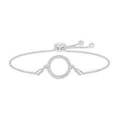 Perfect for everyday wear, this bolo bracelet is a chic choice. Created in sterling silver, this look features a circle outline shimmering with a pair of diamond accents and beaded details. Polished to a bright shine, this wheat chain bracelet adjusts up to 9.5 inches in length and secures with a bolo clasp and ball ends. Adjustable Everyday Bracelets With Diamond Accents, Adjustable Bracelets With Diamond Accents For Everyday, Modern Diamond Bracelet With Adjustable Chain, Elegant Metal Jewelry With Sliding Knot, Adjustable Open Circle Metal Jewelry, Elegant Silver Bracelet With Sliding Knot, Silver Jewelry With Sliding Knot For Everyday, Adjustable White Gold Chain Bracelet, Everyday Silver Jewelry With Sliding Knot