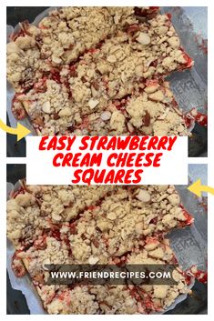 two pictures with the words easy strawberry cream cheese squares in red and white on them