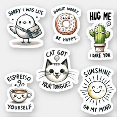 six stickers with different types of cats and donuts on them, including one that says