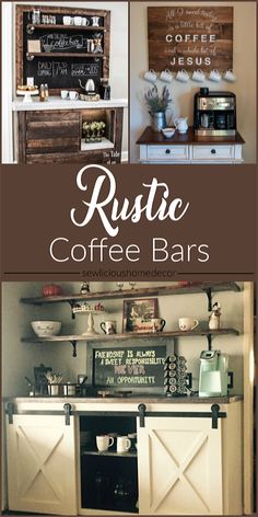 rustic coffee bar with open shelving and shelves