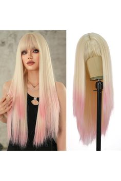 7JHH WIGS Long Straight Light Pink Ombre Wig with Bangs Heat Resistant Fiber Layered Synthetic Long Straight Hair Tail Dye Ombre Wig for Cosplay Christmas Gifts Party Used Hair Tail, Ombre Wig, Ombre Wigs, Wig With Bangs, Long Straight Hair, Pink Ombre, Wigs With Bangs, Straight Hair