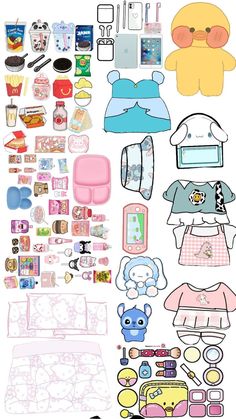 an assortment of items are shown in the shape of a paper doll and it's contents