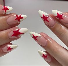 Red And White Striped Nails, Valentines Day Nails Designs Red, Pink Star Nails Acrylic, Designs On White Nails, White And Red Nail Designs, Red Pattern Nails, Red Stars Nails, Unique Red Nails, Bright Holiday Nails