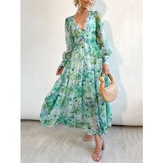 Season:Summer,Spring; Fabric:Polyester; Sleeve Length:Long Sleeve; Look After Me:Machine wash; Gender:Women's; Style:Streetwear,Maxi,A Line; Elasticity:Micro-elastic; Occasion:Vacation,Street,Holiday; Fit Type:Regular Fit; Dresses Type:Casual Dress,Summer Dress,Swing Dress,A Line Dress; Pattern:Floral; Design:Print; Neckline:V Neck; Front page:FF; Listing Date:01/17/2024; Bust:; Length:; Shoulder Width:; Sleeve:; Fit US Size:; Fit UK Size:; Fit EU Size:; Dress Length Type:Long Dress Maxi Dress; Boho Floral Maxi Dress, Floral Balloons, Outfit Wedding, Elegant Midi Dresses, Maxi Robes, Maxi Dress Green, Glam Dresses, Long Sleeve Maxi, Guest Outfit