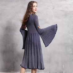 SKU:A82031 Gender:Women Season:Autumn Pattern Type:Solid Silhouette:Pleated Style:Bohemian Decoration:Embroidery Sleeve Length(cm):Full Sleeve Style:Flare Sleeve Dresses Length:Knee-Length Waistline:Natural Material:Polyester,Cotton Neckline:O-Neck Polyester:30%-50% Cotton:30%-50% Color:Dark Blue Long Blue Winter Dress, Blue Knitted Sweater Dress, Blue Midi Length Sweater Dress For Fall, Spring Knee-length Knitted Sweater Dress, Long Sleeve Blue Sweater Dress For Spring, Long Knitted Sweater Dress For Spring, Blue V-neck Sweater Dress For Spring, Knee-length Bohemian Winter Dresses, Blue Midi Sweater Dress For Spring