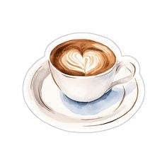 a watercolor drawing of a cup of coffee on a saucer with a heart in the foam