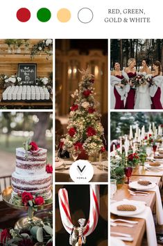 red, green, gold and white wedding color palettes for the bride and groom