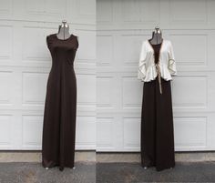 This is a vintage 1970s maxi tank dress with matching shrug.  The dress is dark brown with a crew neck and wide straps.  The shrug is a cream color with ribbon band that has brown and tan on it.  The shrug cinches in at the waist with an elastic waist, ties at the waist, and has butterfly sleeves.  Brand tag says Melissa Lane, vintage size 8, which is like a modern XS.  In good condition.  Appears to be made of smooth polyester. Measurements are taken seam-to-seam with the garment lying flat.  Double them to find your size. Dress: Bust: 15"38 cm Waist: 12"30 cm Hips: 18"46 cm Length: 58"147 cm Shoulder (outer): 13"33 cm Shoulder (inner): 9"23 cm Top: Size Tag 8 Length: 21"53 cm *Sleeve: 16"41 cm *Top does not have true sleeve and is more of a wrap. I took total width subtracted outer shoul Maxi Robes, Vintage Maxi Dress, Maxi Tank Dress, Butterfly Sleeves, Brand Tags, Wide Straps, Dress Clothes For Women, Vintage 1970s, Tank Dress