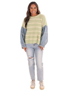 Stay cozy and cool with our Chill Chaser Stripe Sweater! This unique knit sweater features eye-catching horizontal lines and unexpected denim sleeves. Perfect for adding a touch of playful style to your winter wardrobe. Textured Horizontal Line Sweater, Pastel Striped Sweater, Purple Stripes Sweater, Cozy Lavender Winter Sweater, Denim Sleeves, Cozy Purple Textured Knit Sweater, Playful Style, Horizontal Lines, Stay Cozy