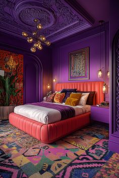 Maximalist Bedspread, Jewel Tone Mural, Hot Pink Maximalist Room, Maximalist Bedroom Purple, Modern Colorful Bedroom, Maximalist Decor Purple, Colorful Eclectic Bedroom, Classy Bedroom Decor, Eclectic Maximalism