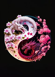 a painting of two dragon sitting on top of each other in front of pink flowers