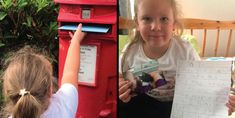 two girls are playing with their mailbox and one is holding a piece of paper