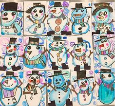 several snowmen with hats and scarves are shown in this art project for kids