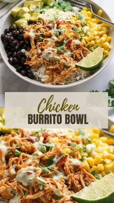 chicken burrito bowl with black beans, corn and avocado on the side